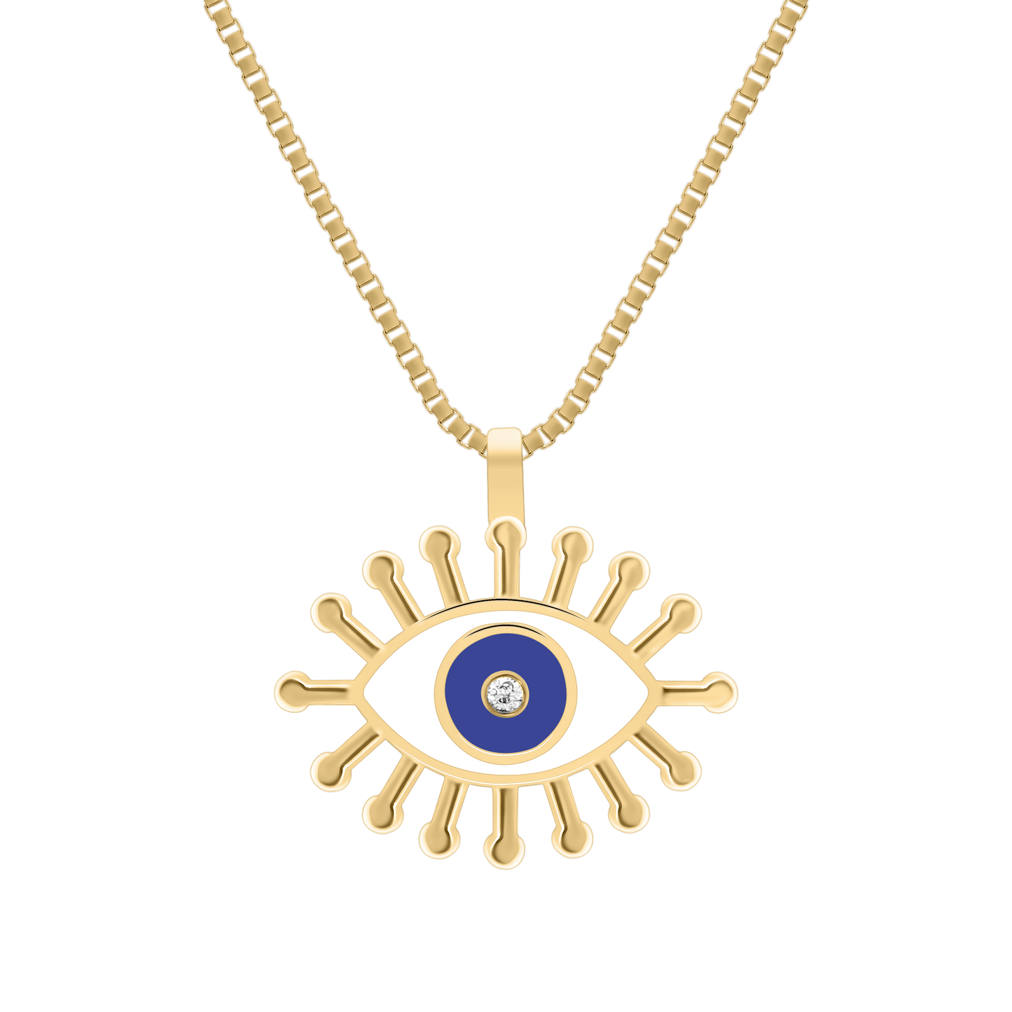A studio shot of the BabyChic Radiant Eye Diamond Necklace: a gold pendant in the shape of an oversized eye, with white and blue enamel iris and a central sparkling diamond, surrounded by radiating gold “lashes,” suspended from a polished paper-clip gold chain, shown on a transparent background.”