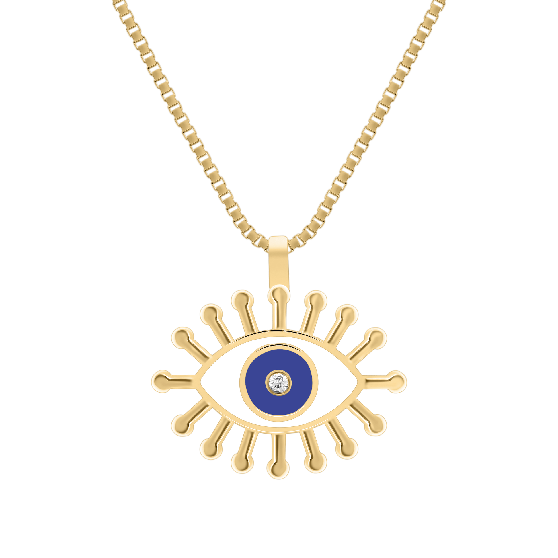 A studio shot of the BabyChic Radiant Eye Diamond Necklace: a gold pendant in the shape of an oversized eye, with white and blue enamel iris and a central sparkling diamond, surrounded by radiating gold “lashes,” suspended from a polished paper-clip gold chain, shown on a transparent background.”