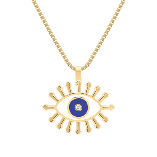 A studio shot of the BabyChic Radiant Eye Diamond Necklace: a gold pendant in the shape of an oversized eye, with white and blue enamel iris and a central sparkling diamond, surrounded by radiating gold “lashes,” suspended from a polished paper-clip gold chain, shown on a transparent background.”