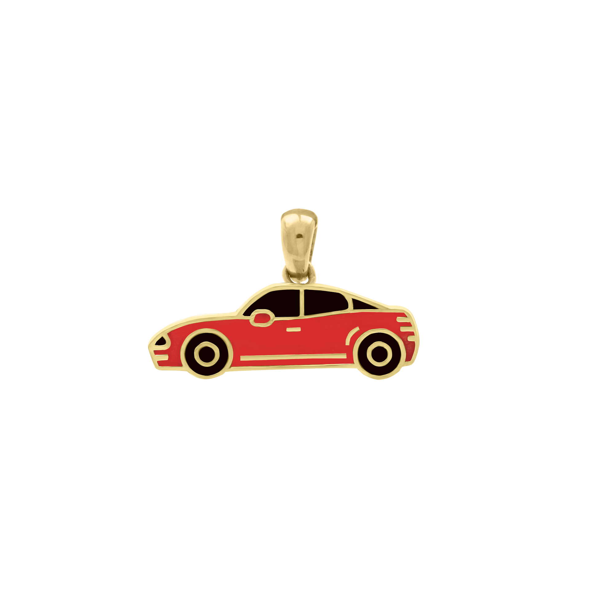 Yellow gold car charm pendant with red enamel detailing