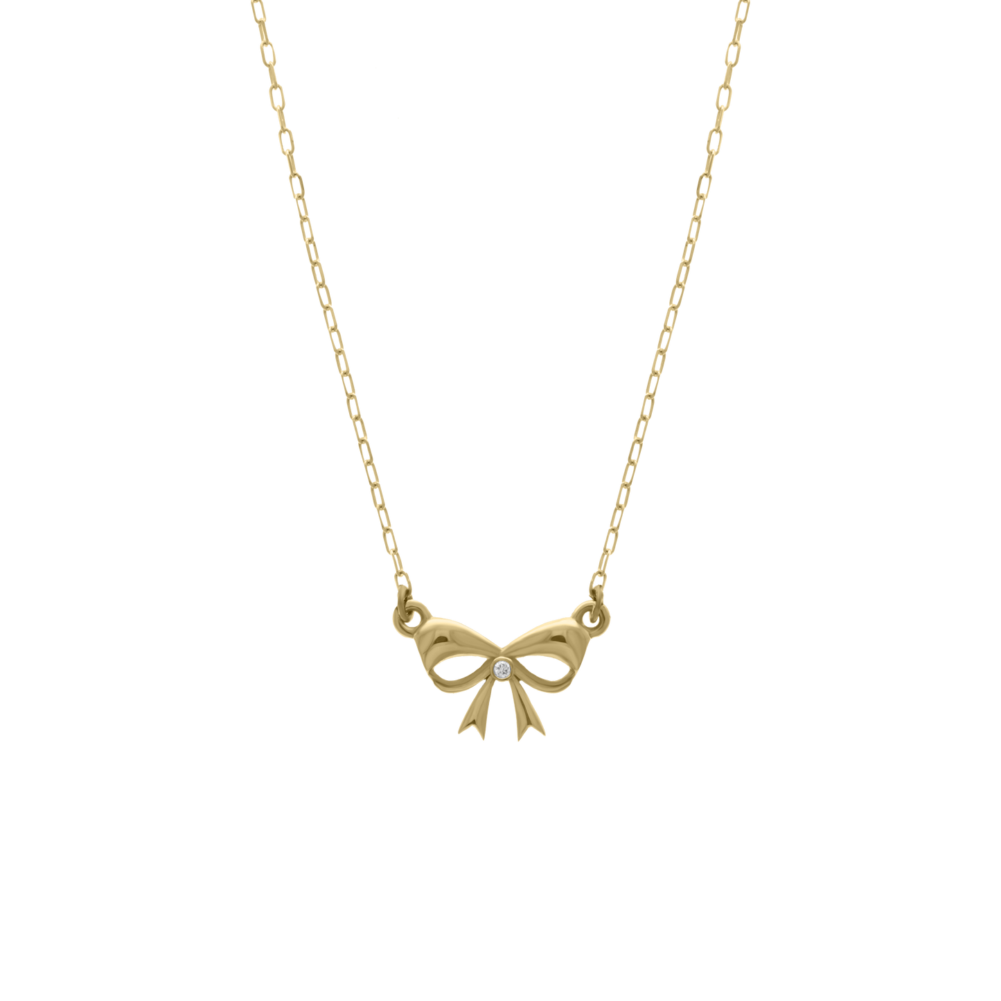 Gold necklace featuring a delicate bow-shaped pendant with a single diamond at the center, displayed on a transparent background.