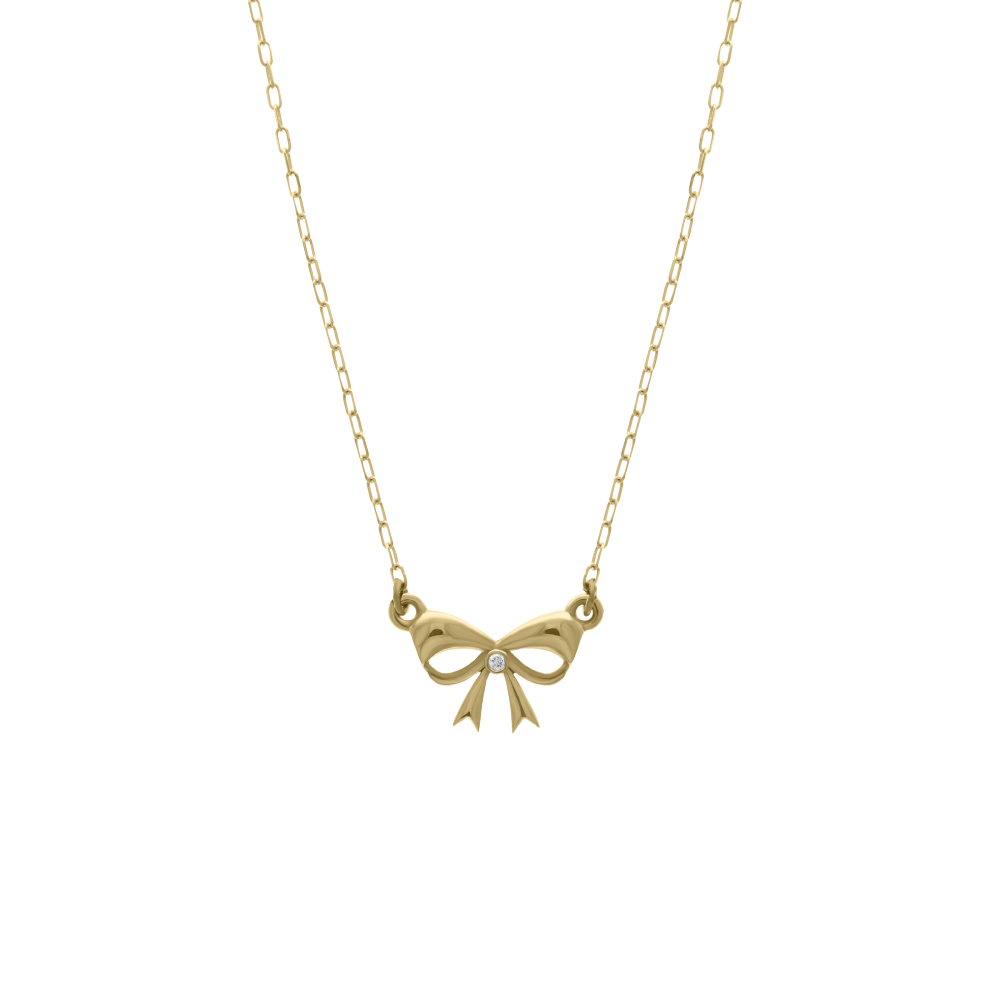 Gold necklace featuring a delicate bow-shaped pendant with a single diamond at the center, displayed on a transparent background.