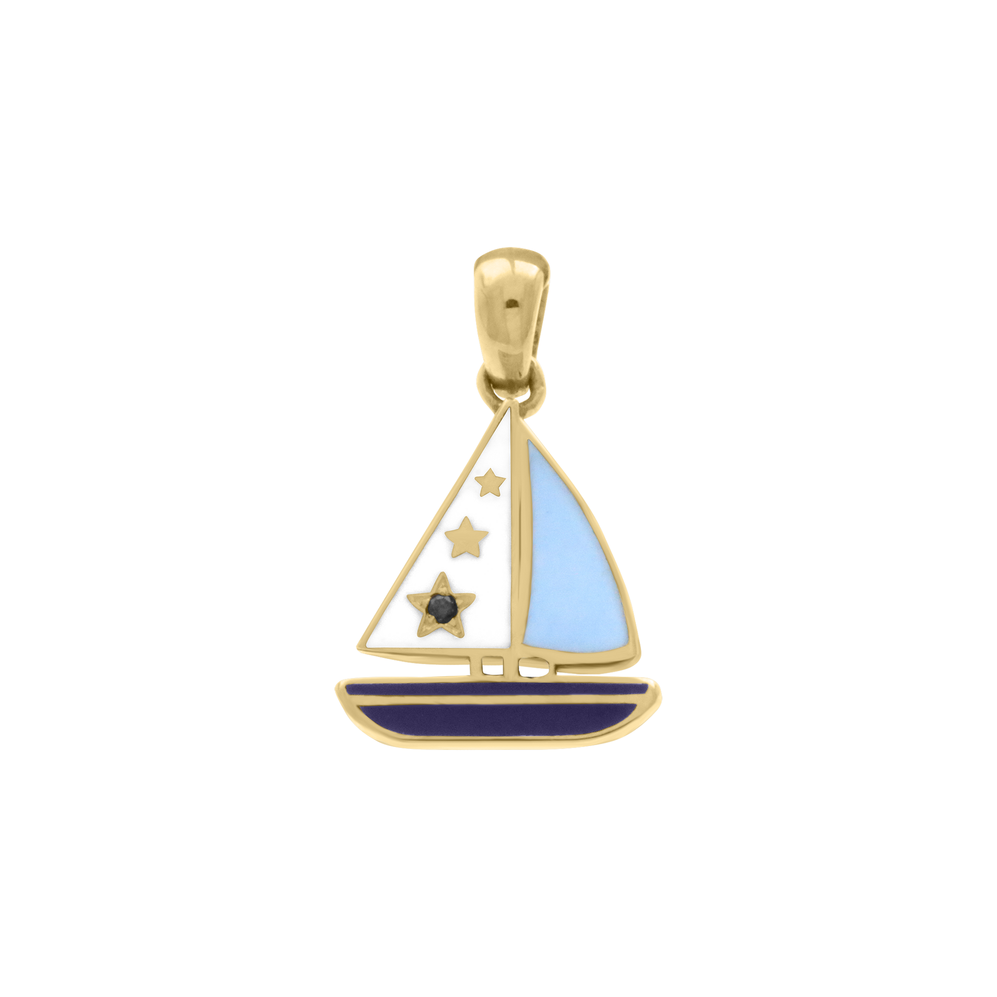 18K gold sailboat pendant with blue, white, and navy enamel and star accents