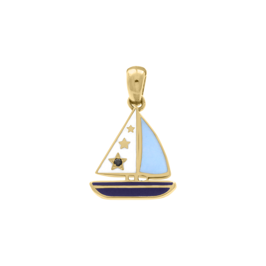 18K gold sailboat pendant with blue, white, and navy enamel and star accents