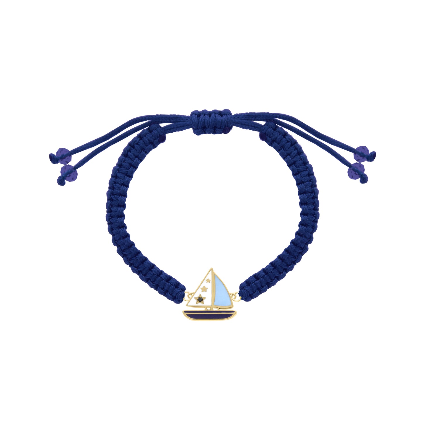 Navy cord bracelet with yellow gold sailboat charm and blue enamel details