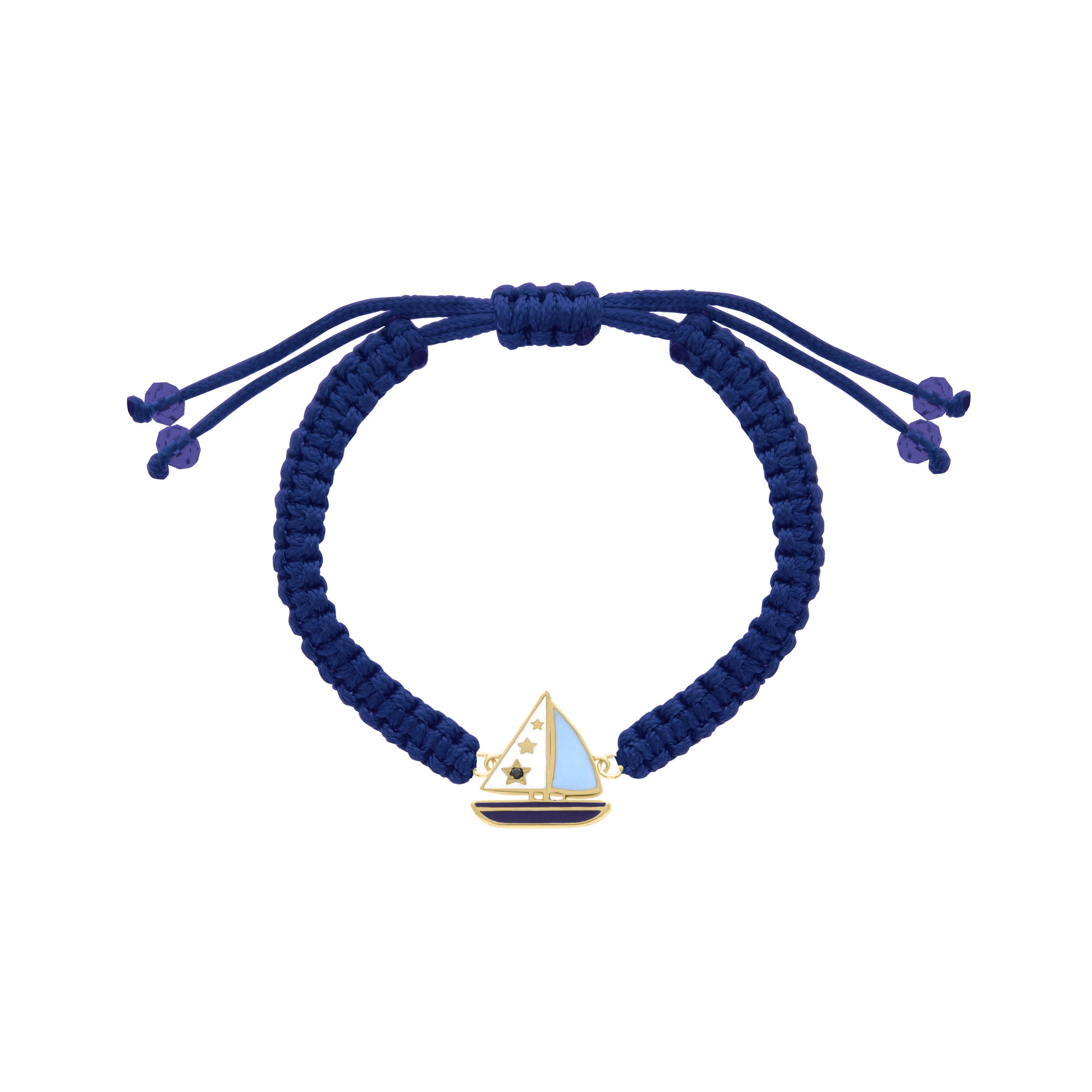 Navy cord bracelet with yellow gold sailboat charm and blue enamel details