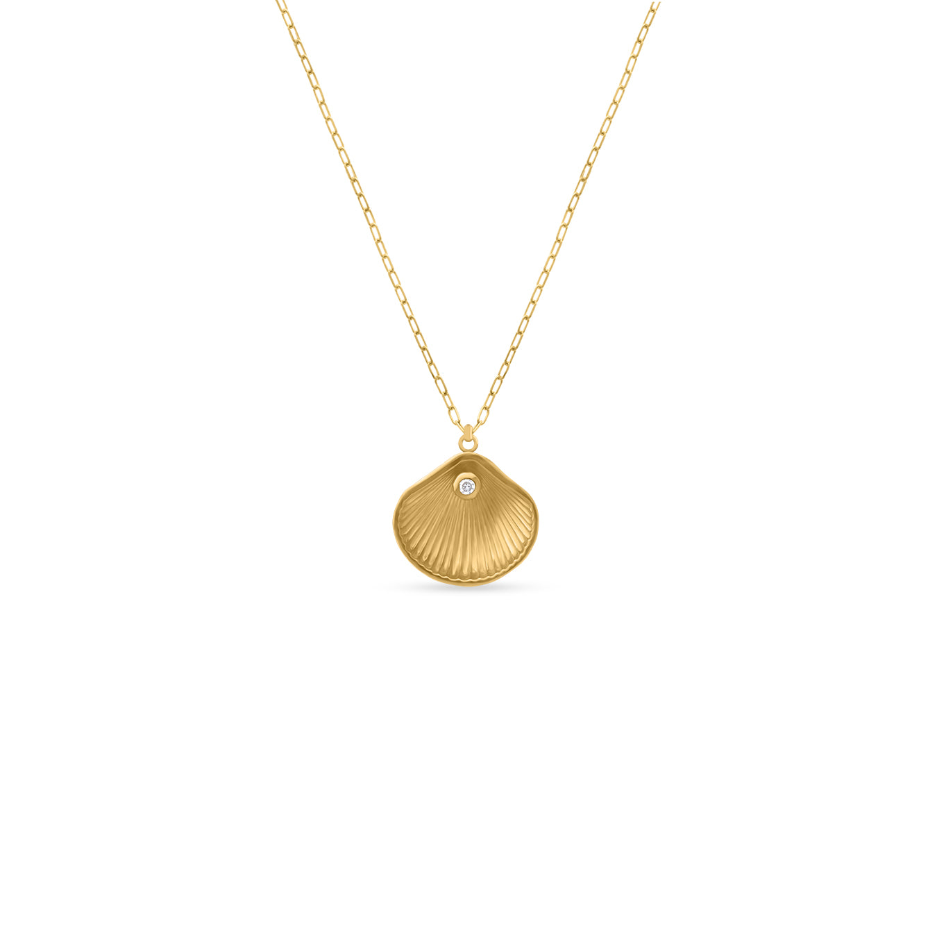 Gold necklace with a seashell-shaped pendant featuring a small diamond in the center, displayed on a white background.