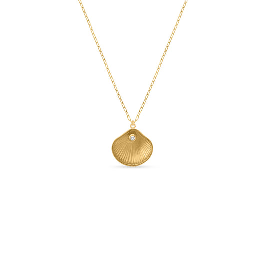 Gold necklace with a seashell-shaped pendant featuring a small diamond in the center, displayed on a white background.