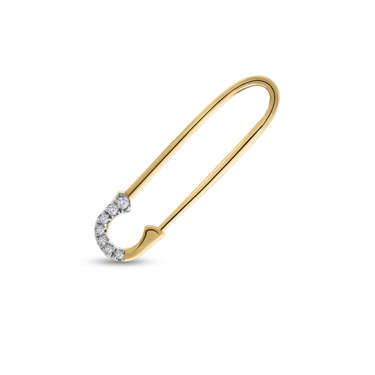 A single 18K yellow-gold safety-pin–shaped stud earring, the curved clasp tip pavé-set with small round brilliant-cut diamonds, shown on a transparent background.