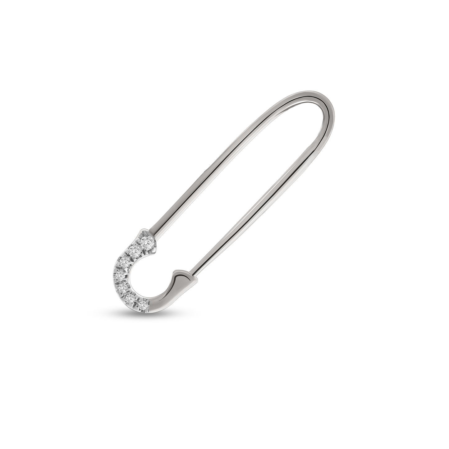 A single 18K white-gold safety-pin–shaped stud earring, the curved clasp tip pavé-set with small round brilliant-cut diamonds, shown on a transparent background.”