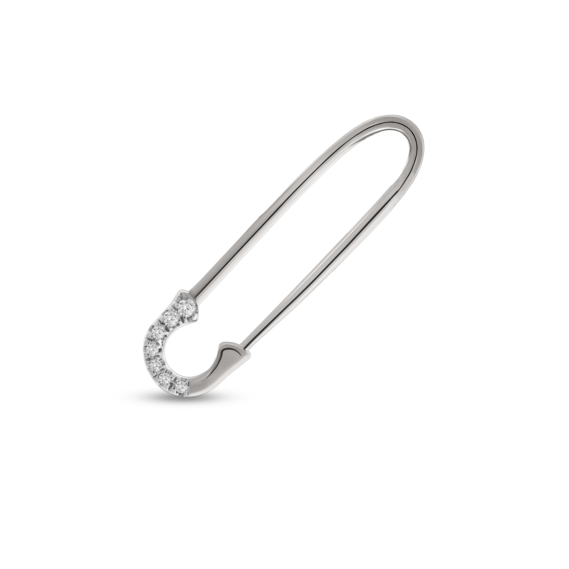 A single 18K white-gold safety-pin–shaped stud earring, the curved clasp tip pavé-set with small round brilliant-cut diamonds, shown on a transparent background.”