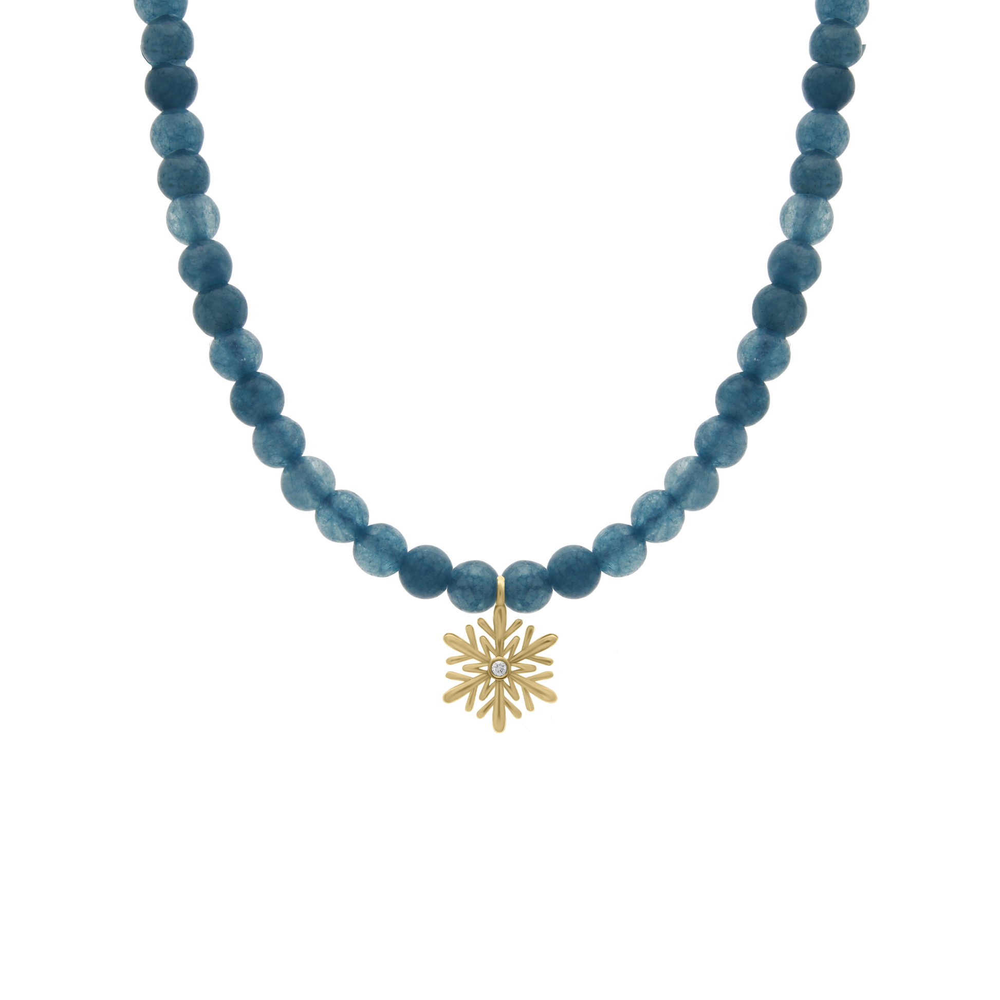Children’s necklace with soft blue round beads and a gold snowflake pendant featuring a central diamond, displayed on a transparent background.