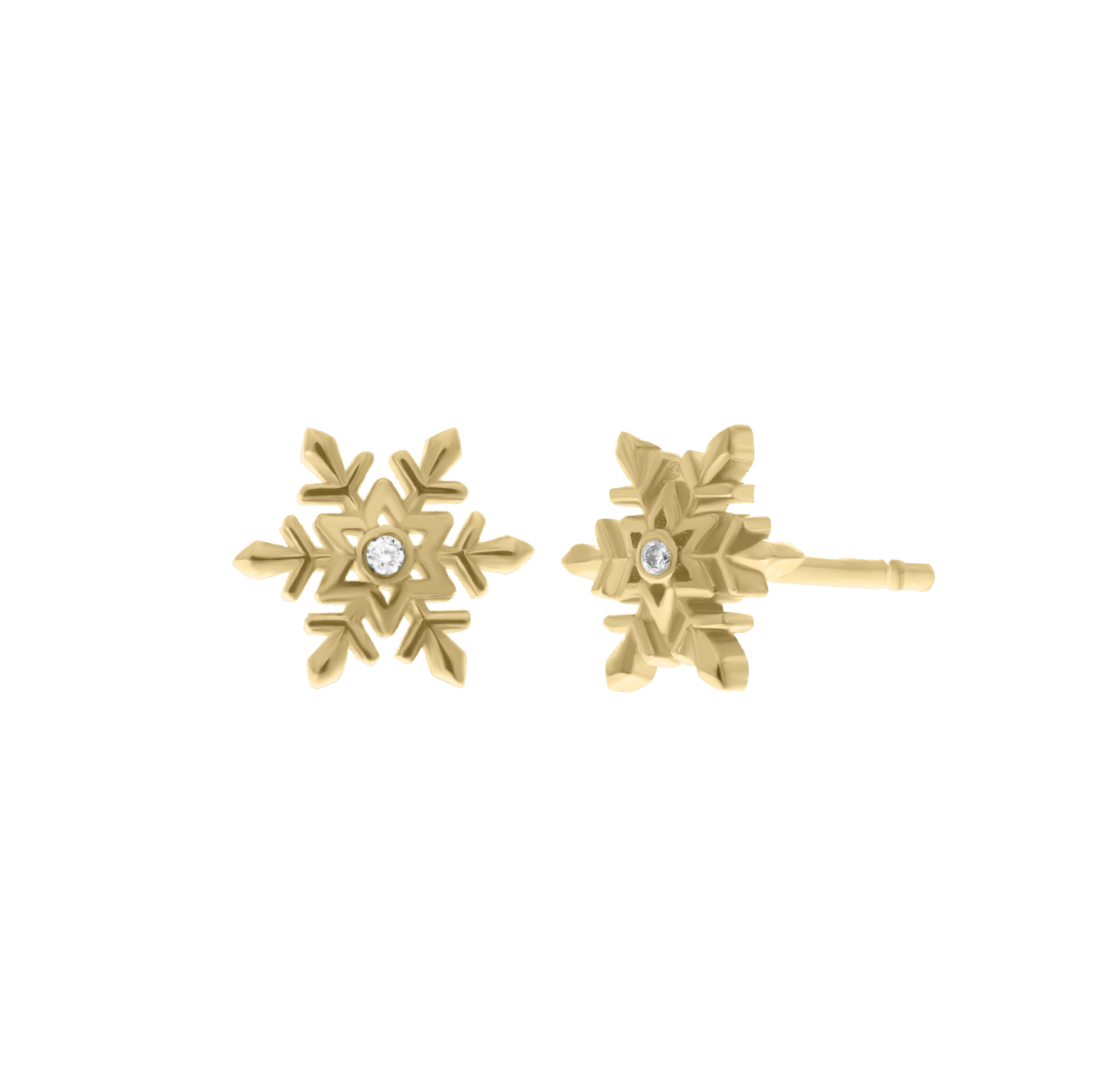 Pair of gold snowflake-shaped stud earrings with a small diamond in the center of each, displayed on a transparent background.