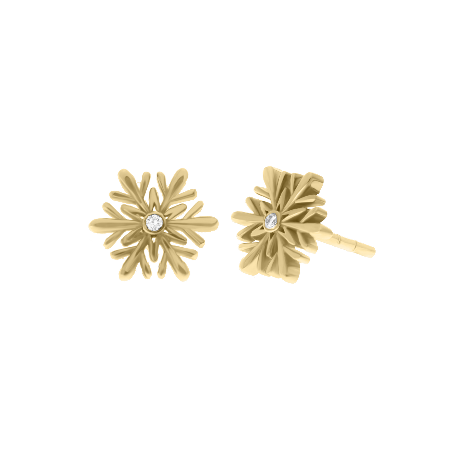 Pair of gold snowflake-shaped stud earrings with a central diamond, displayed on a transparent background.