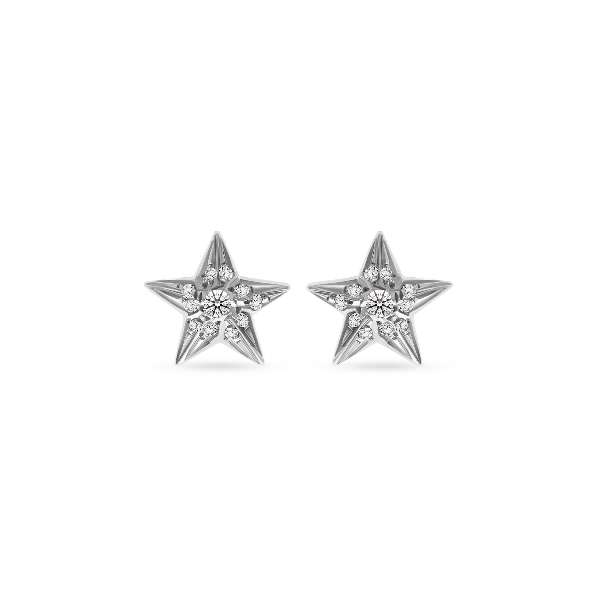 Pair of star-shaped white gold earrings with diamond accents, displayed on a transparent background.