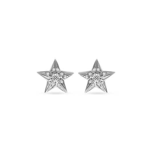 Pair of star-shaped white gold earrings with diamond accents, displayed on a transparent background.