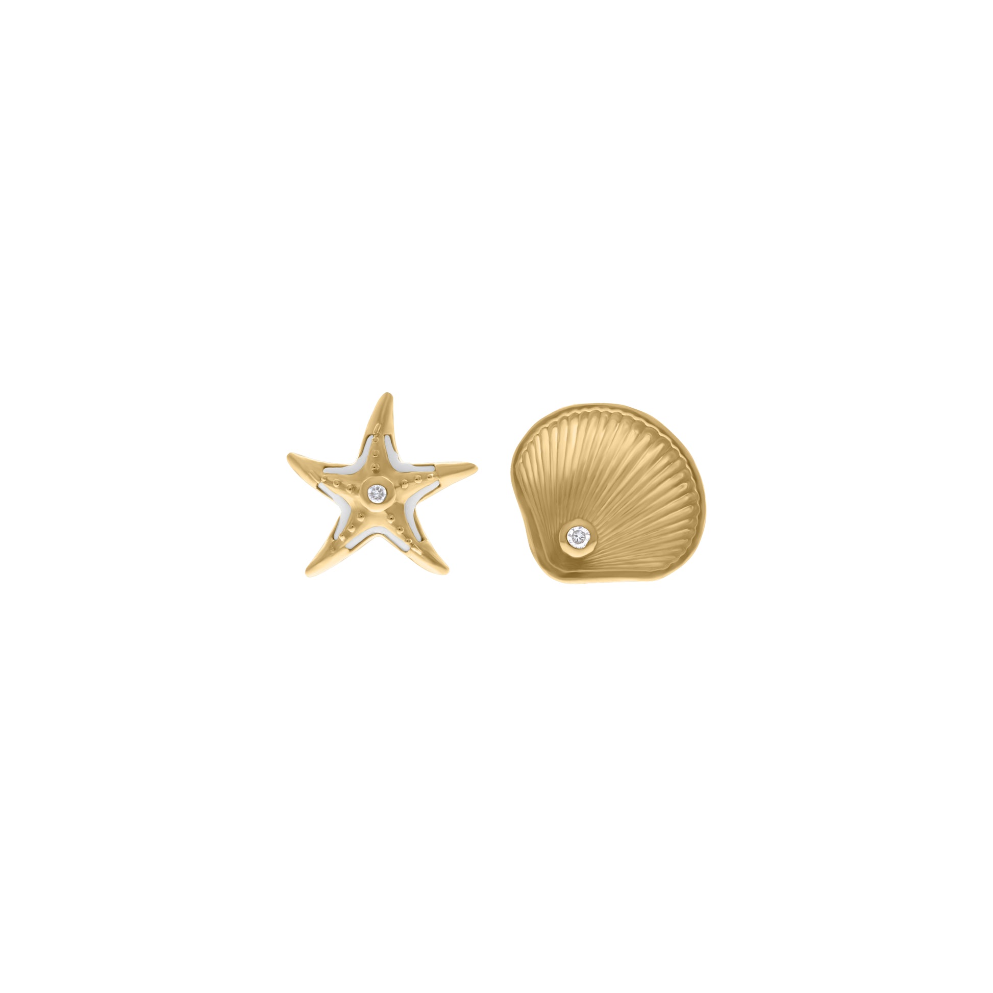 Mismatched gold stud earrings featuring a starfish with white enamel accents and a seashell, each with a small diamond in the center, displayed on a white background.