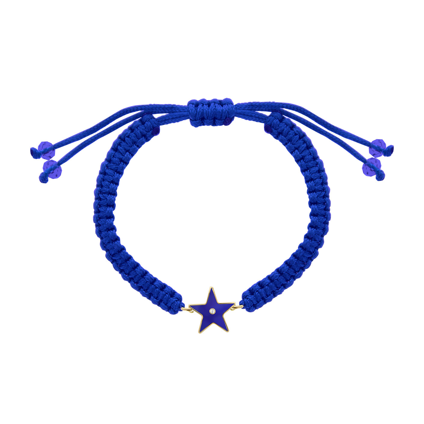 A blue braided bracelet with a gold star centerpiece and a central diamond
