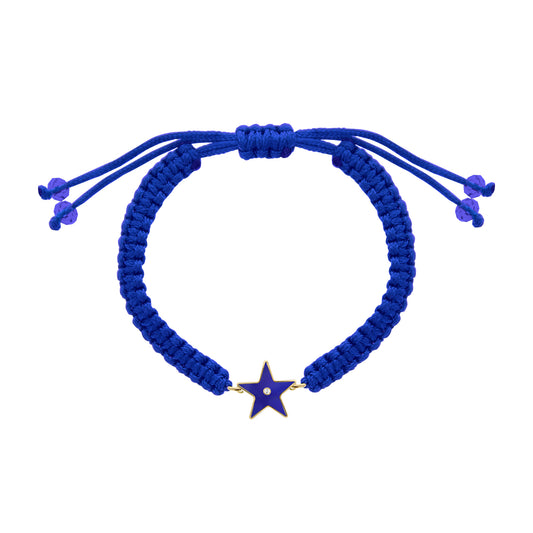 A blue braided bracelet with a gold star centerpiece and a central diamond
