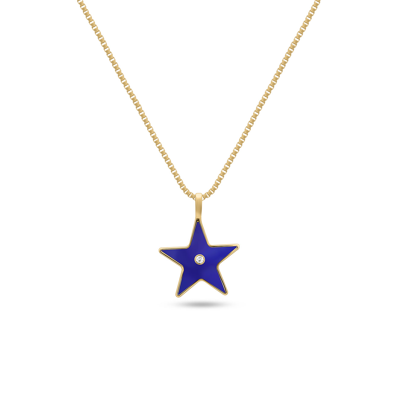 Gold necklace featuring a navy blue enamel star pendant with a centered diamond accent on a plain white background.