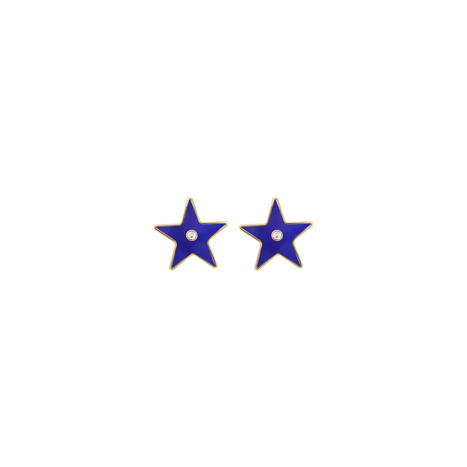 Gold star earrings with blue enamel and center diamond