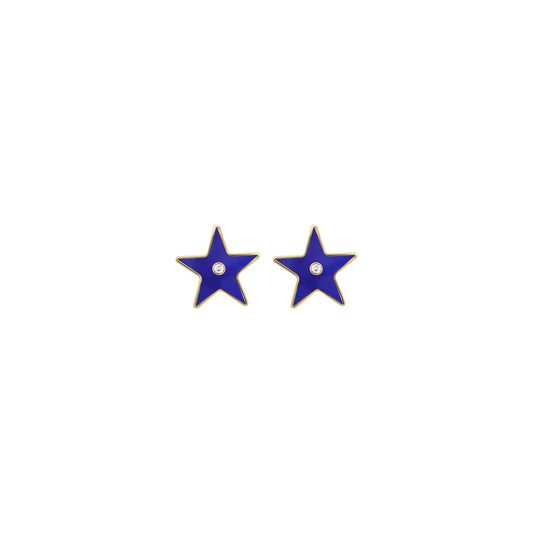Gold star earrings with blue enamel and center diamond