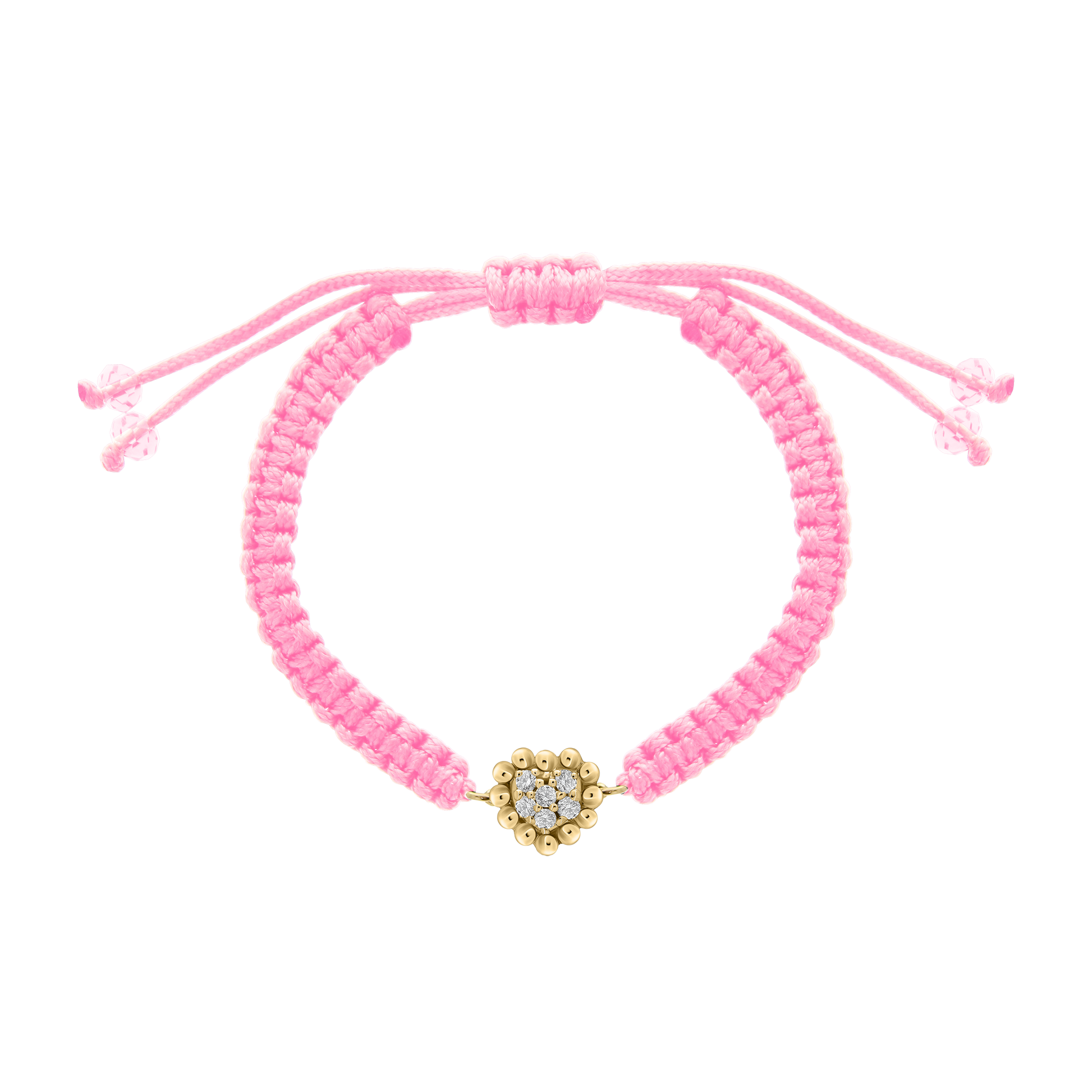 Pink cord bracelet featuring a heart-shaped 18K gold charm with clustered diamonds at the center, designed for children.