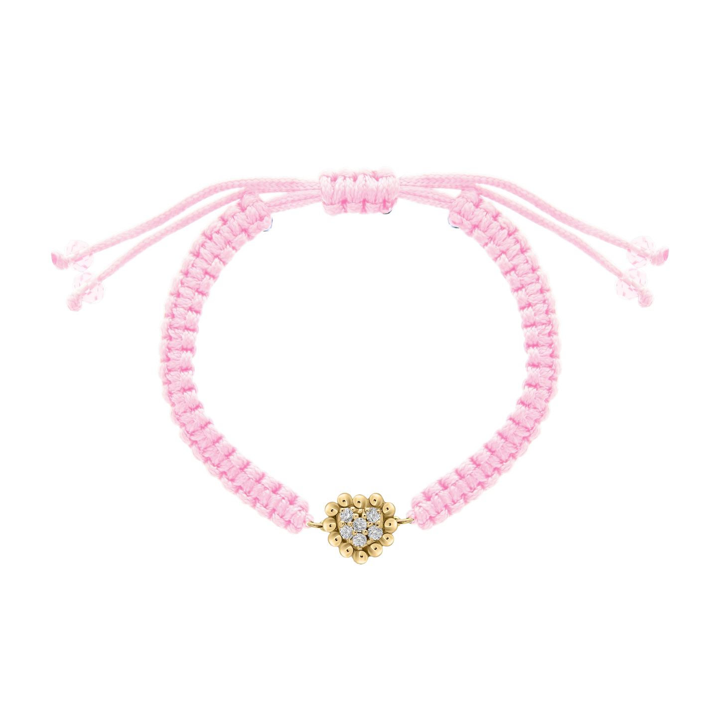 Light pink woven bracelet with a central heart-shaped diamond charm in a beaded gold setting, perfect for gifting to little ones.