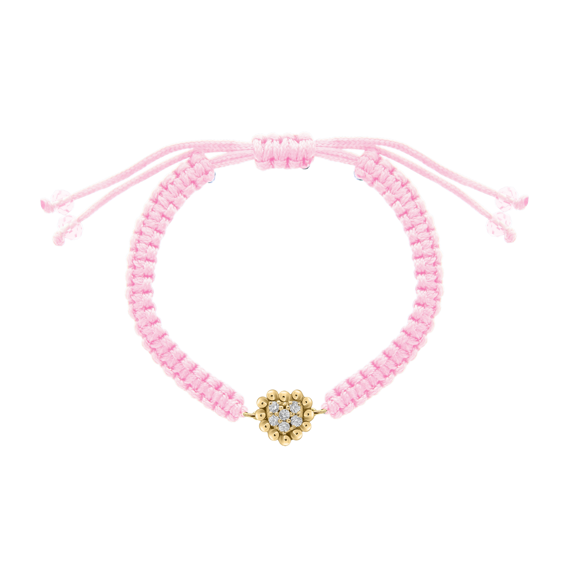 Light pink woven bracelet with a central heart-shaped diamond charm in a beaded gold setting, perfect for gifting to little ones.