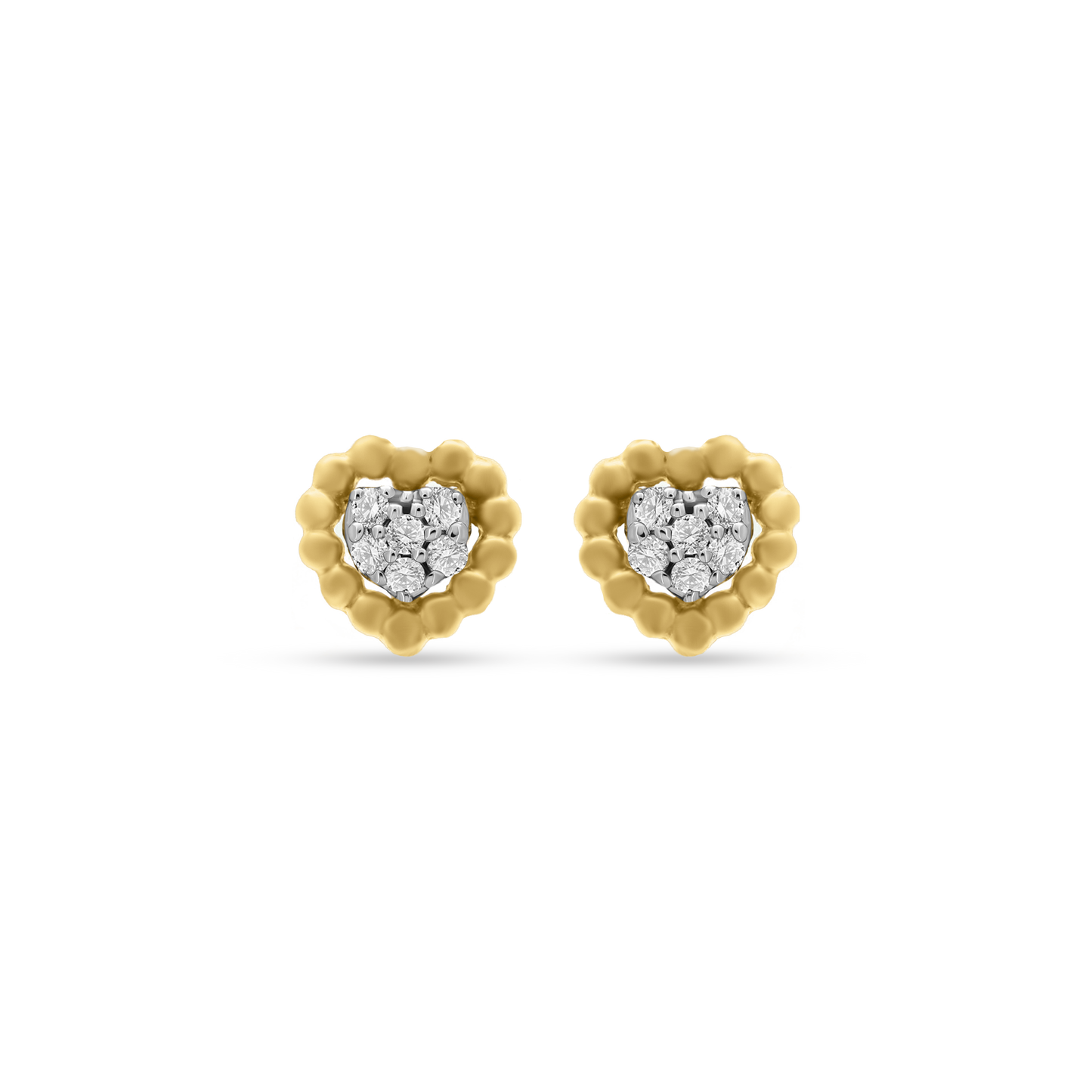 A pair of Sweetest of Hearts Diamond Earrings by BabyChic Jewelry, featuring clustered round diamonds set in the center of heart-shaped 18K gold frames.