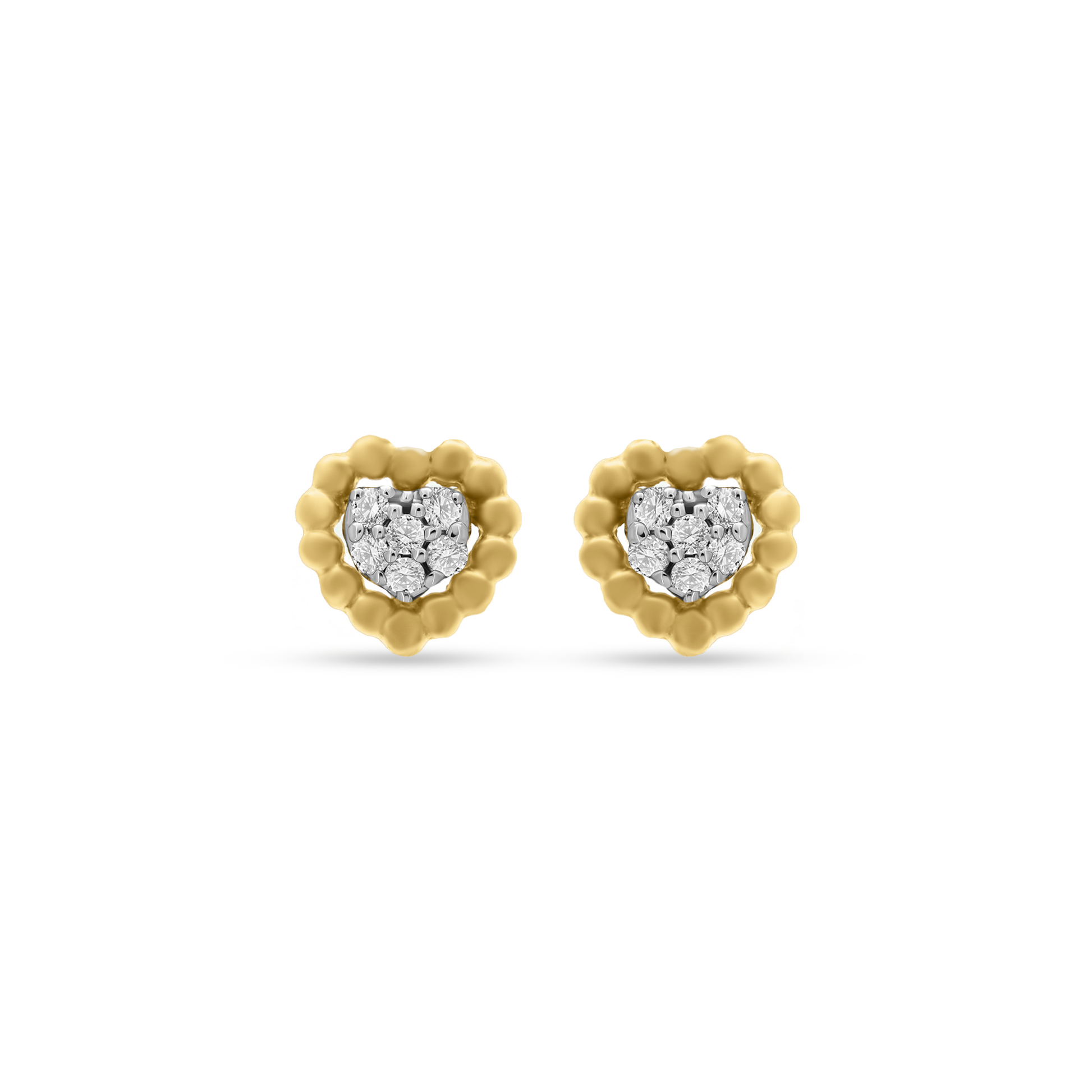 A pair of Sweetest of Hearts Diamond Earrings by BabyChic Jewelry, featuring clustered round diamonds set in the center of heart-shaped 18K gold frames.