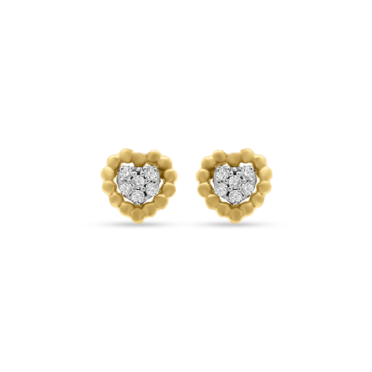 A pair of Sweetest of Hearts Diamond Earrings by BabyChic Jewelry, featuring clustered round diamonds set in the center of heart-shaped 18K gold frames.
