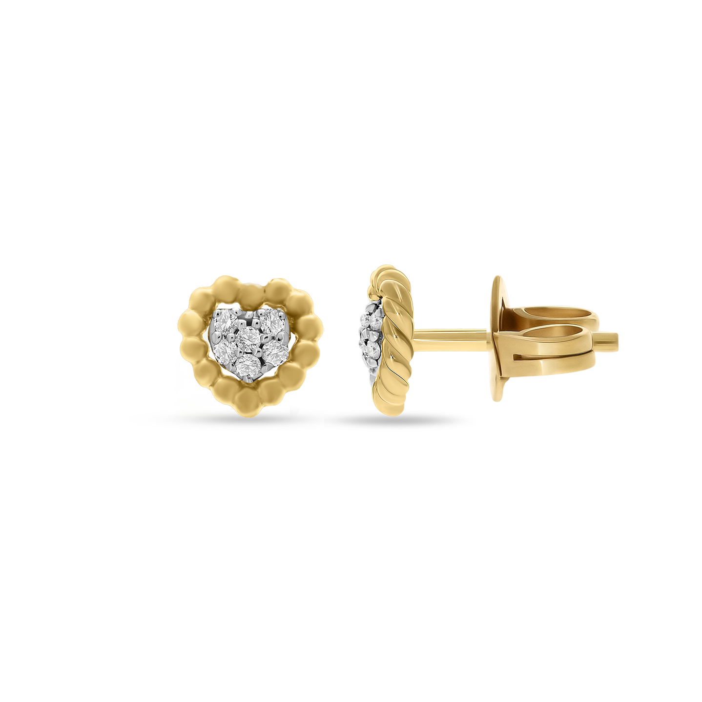 Pair of Sweetest of Hearts Diamond Earrings in 18K yellow gold with cluster-set diamonds, featuring front, side, and stud-back views.