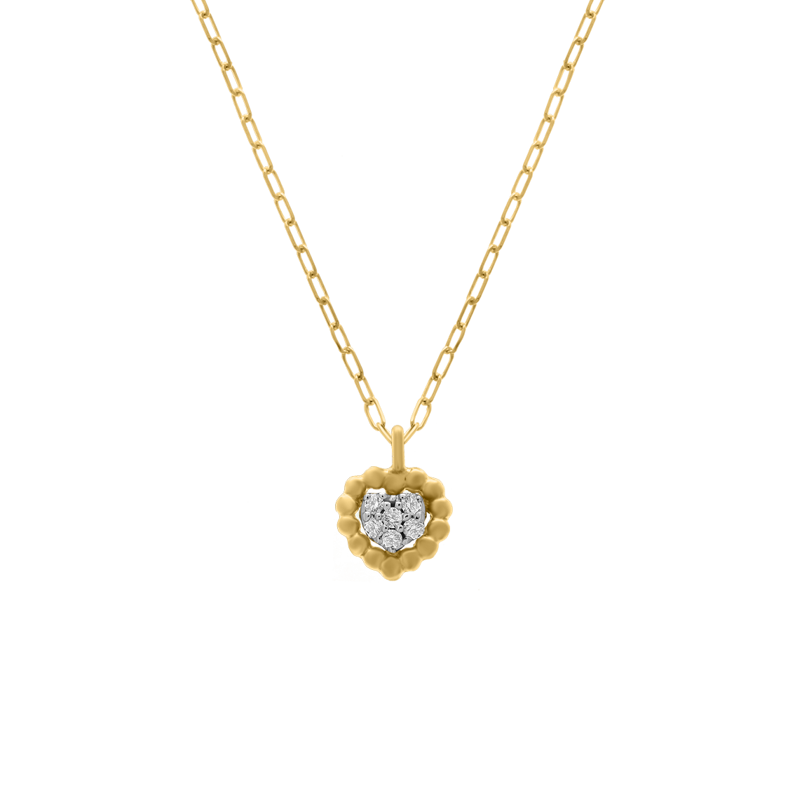 A studio shot of an 18K yellow-gold heart pendant necklace on a transparent background: a scalloped gold-bead heart frame encircling a cluster of round brilliant-cut diamonds, suspended from a fine paper-clip chain.