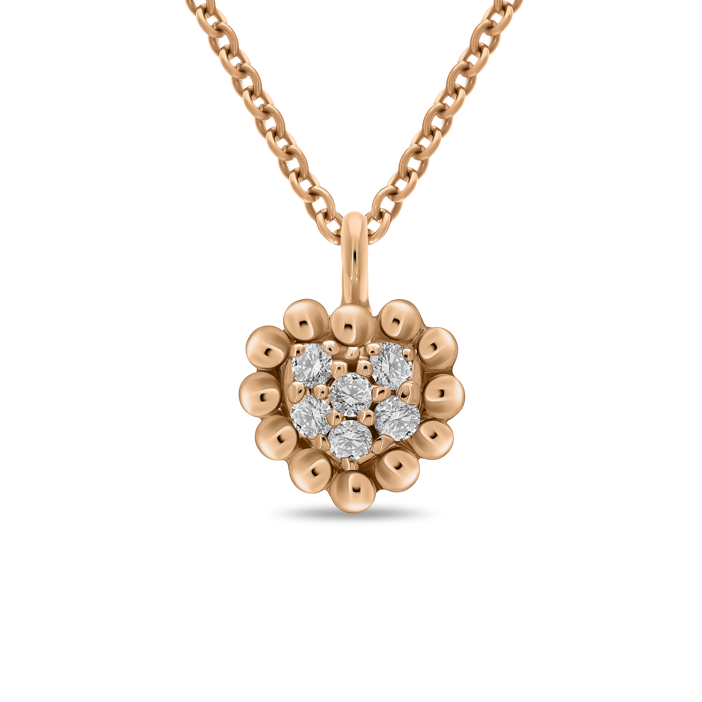 An 18K rose-gold heart pendant necklace on a transparent background: a scalloped gold-bead heart frame encircling a cluster of round brilliant-cut diamonds, suspended from a fine paper-clip chain.