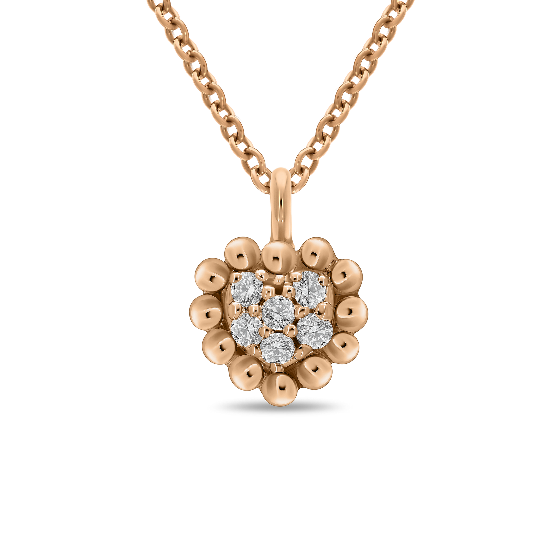 An 18K rose-gold heart pendant necklace on a transparent background: a scalloped gold-bead heart frame encircling a cluster of round brilliant-cut diamonds, suspended from a fine paper-clip chain.