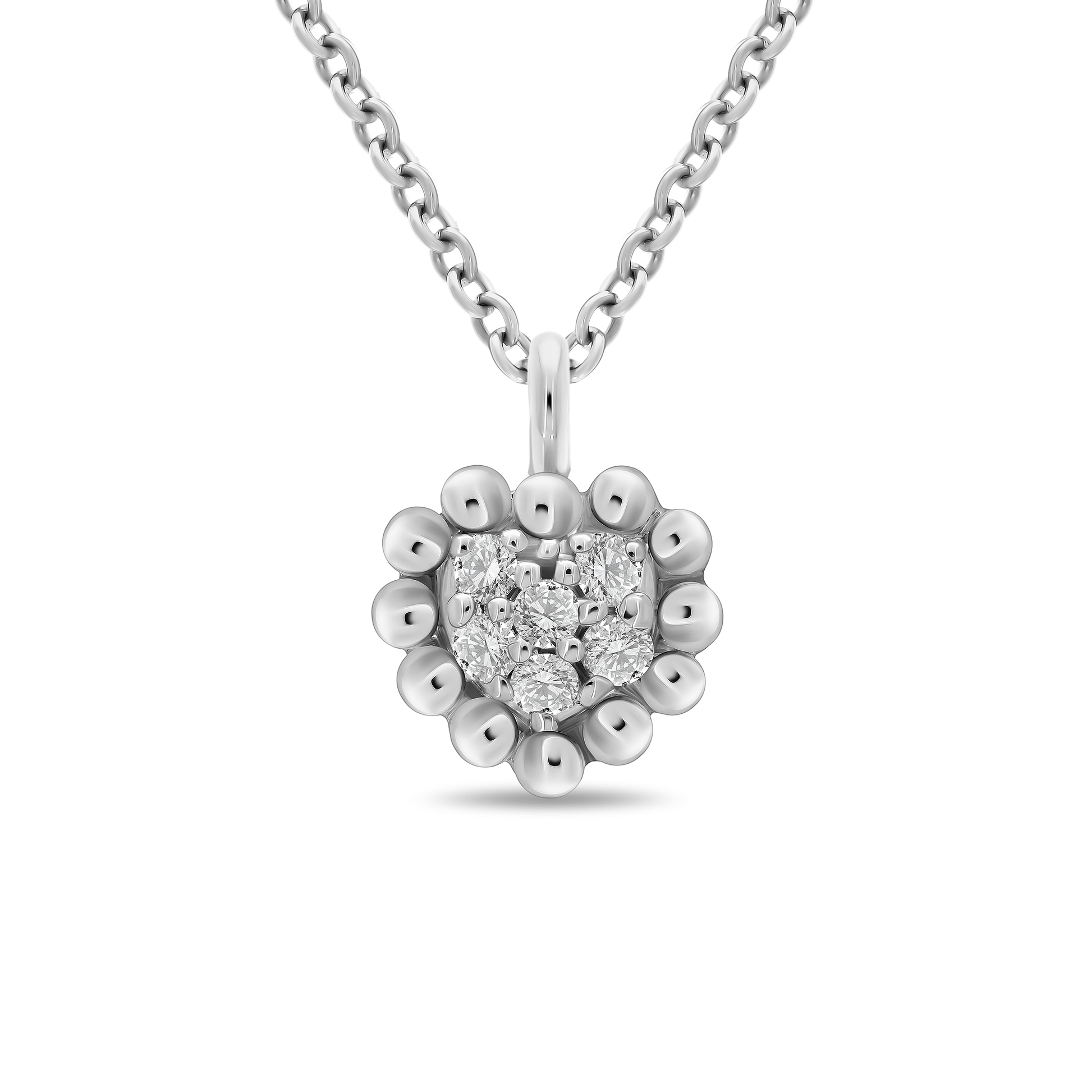 An 18K white-gold heart pendant necklace on a transparent background: a scalloped gold-bead heart frame encircling a cluster of round brilliant-cut diamonds, suspended from a fine paper-clip chain.