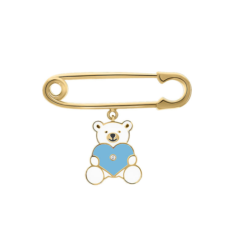 A gold-colored pin with a blue teddy bear design, featuring a blue enamel heart and a small diamond.
