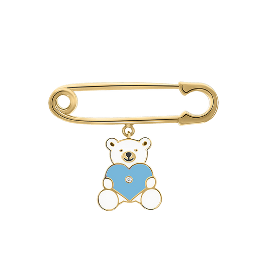 A gold-colored pin with a blue teddy bear design, featuring a blue enamel heart and a small diamond.