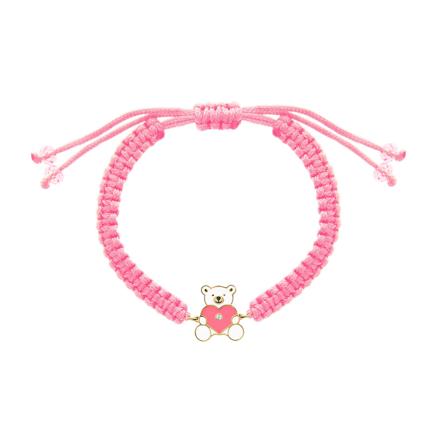 A pink teddy bear bracelet with a gold charm on a white background