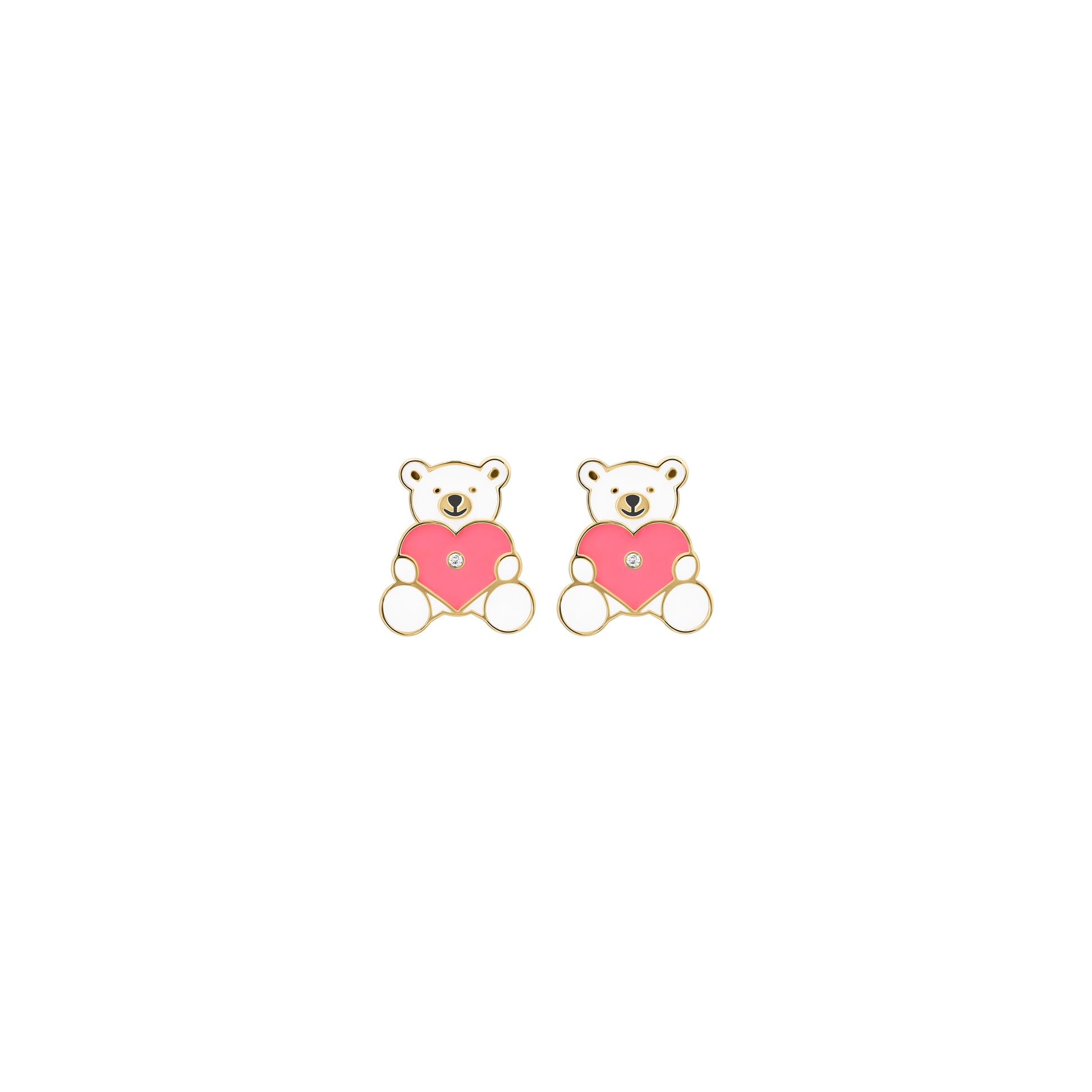 A pair of gold-colored teddy bear earrings with pink enamel hearts and sparkling diamonds