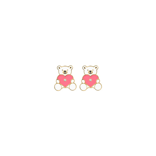 A pair of gold-colored teddy bear earrings with pink enamel hearts and sparkling diamonds