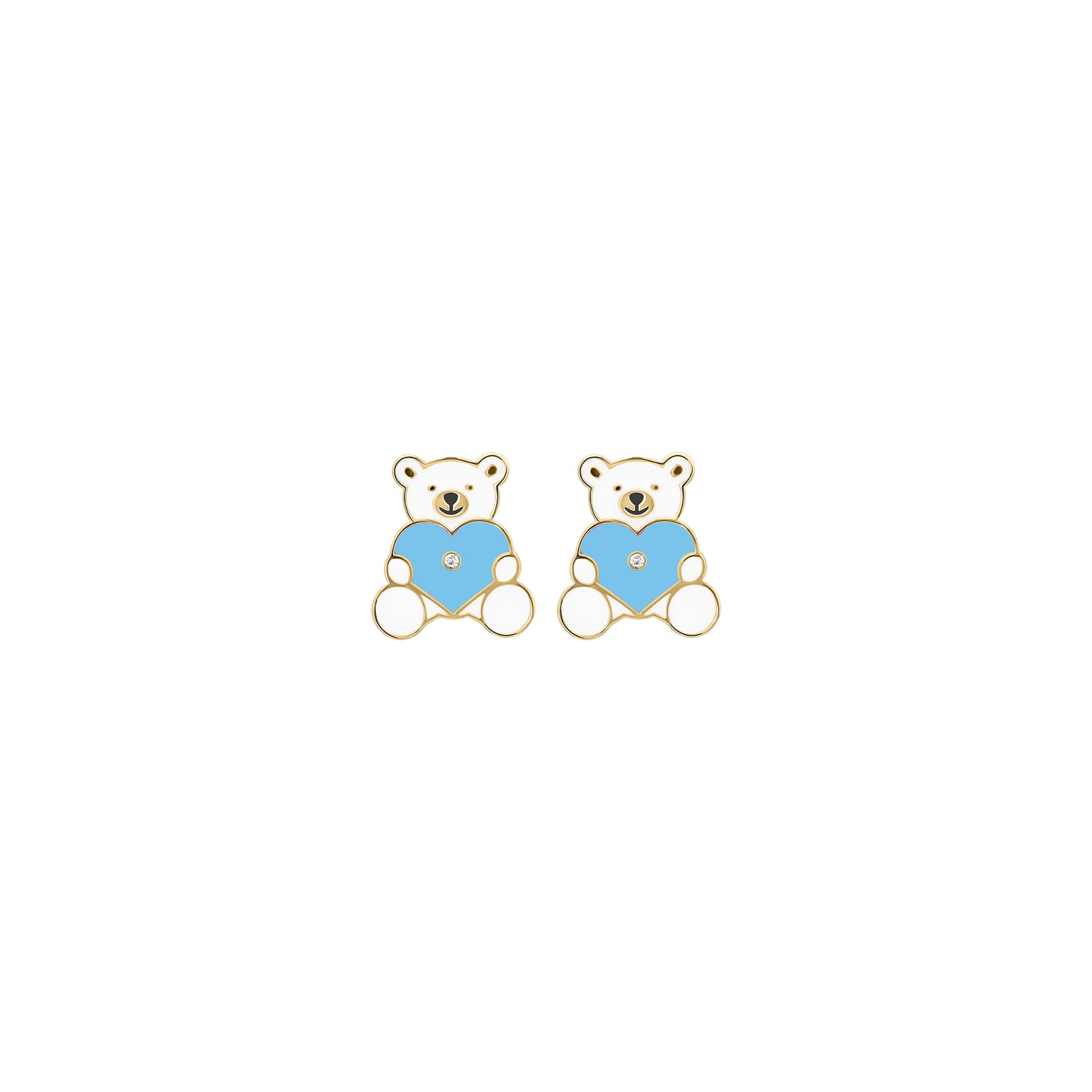 Gold teddy bear diamond earrings with blue enamel heart design