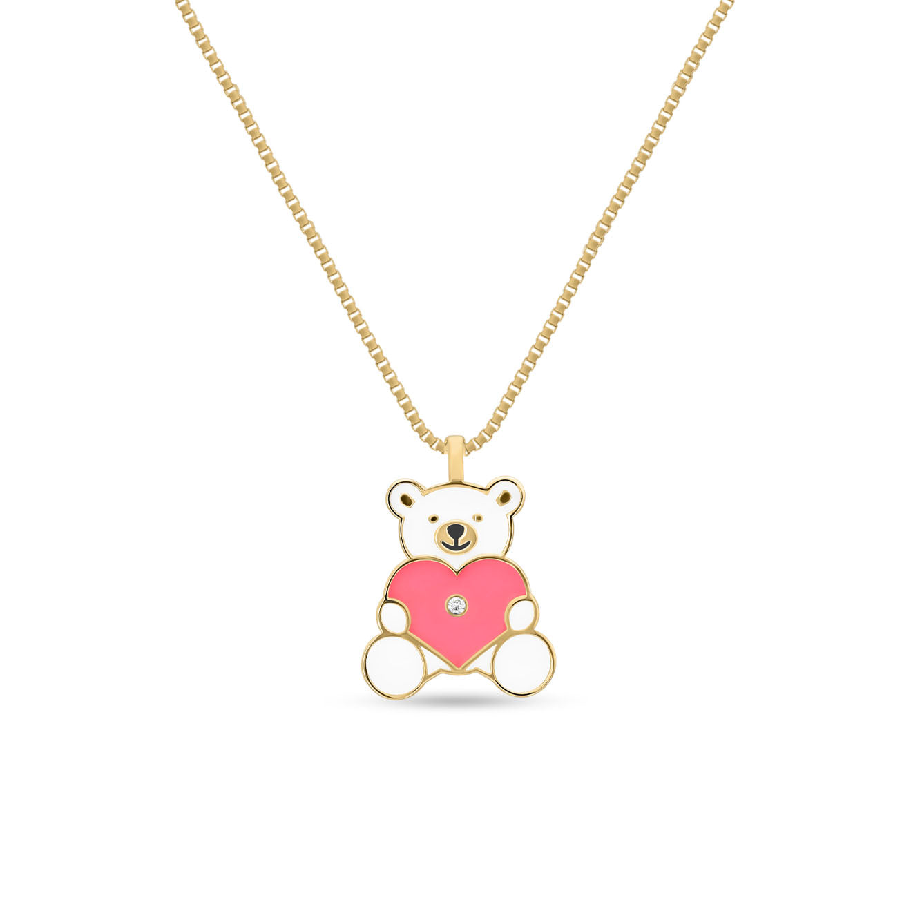 A gold teddy bear necklace with a pink enamel heart and a sparkling diamond