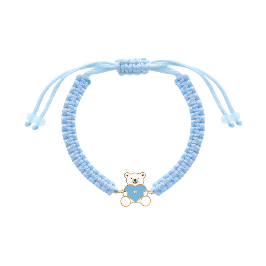 Blue cord bracelet with yellow gold teddy bear heart charm