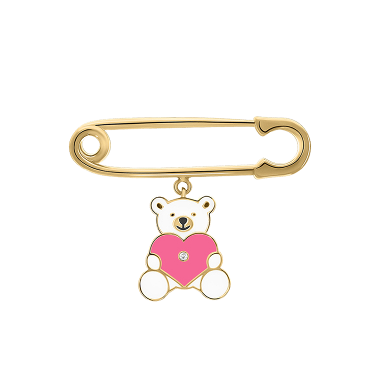 A gold pin with a teddy bear design, featuring a pink heart and a sparkling diamond.