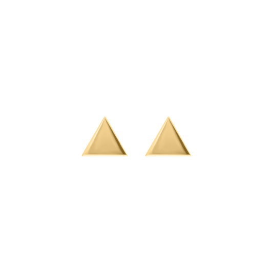 Pair of gold triangle earrings on a white background
