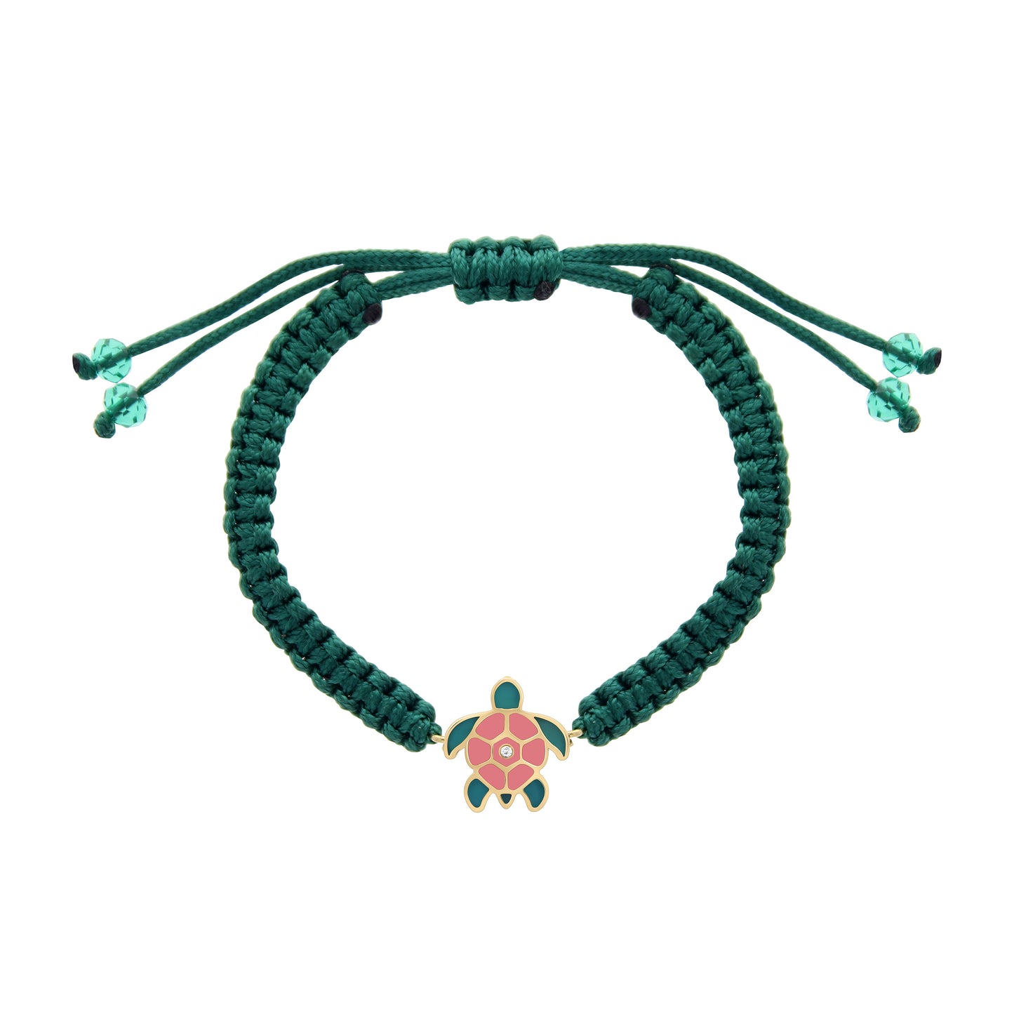 A green braided children's bracelet with a colorful turtle charm in the center.