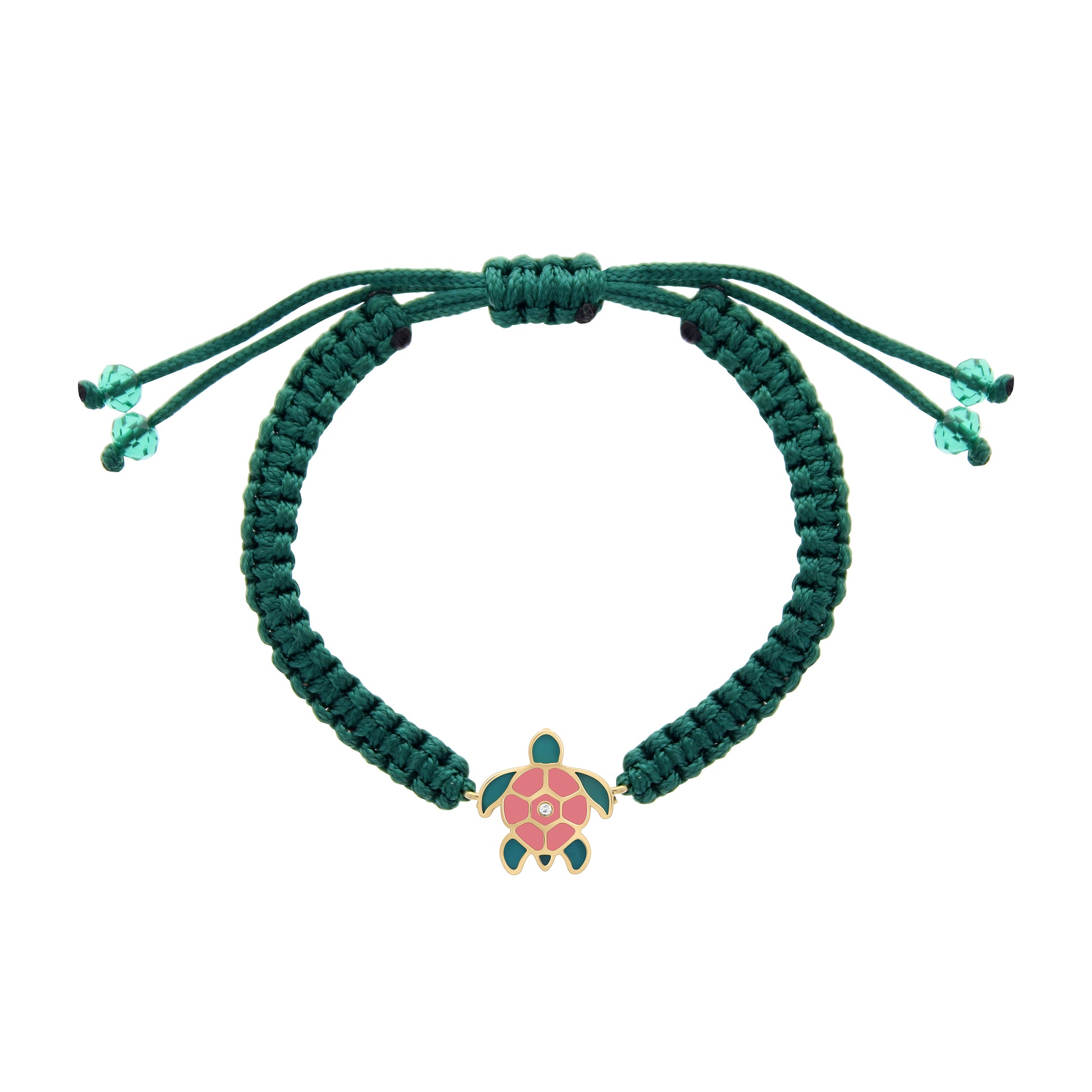 A green braided children's bracelet with a colorful turtle charm in the center.
