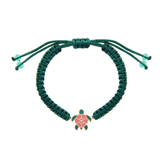 A green braided children's bracelet with a colorful turtle charm in the center.